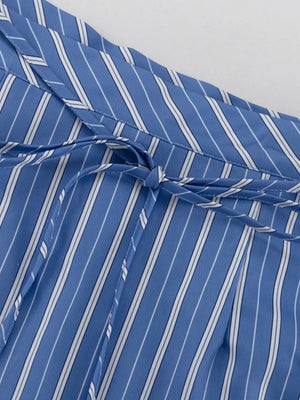 Striped Buttoned Shirt And Mini Skirt Set in Dusty Blue, product detail