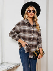 Brown plaid shacket with oversized buttons and a relaxed fit.