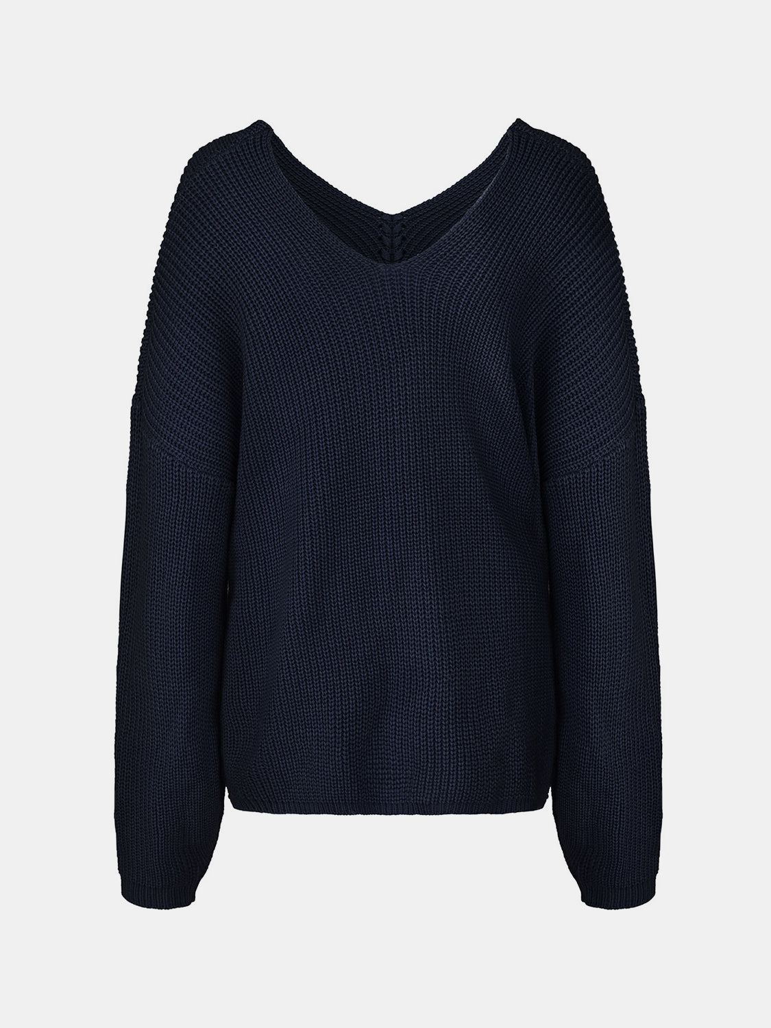 Dark Blue acrylic knit sweater with V-neck and slouchy fit.