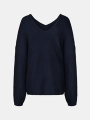 Dark Blue acrylic knit sweater with V-neck and slouchy fit.