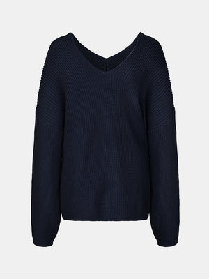 Dark Blue acrylic knit sweater with V-neck and slouchy fit.