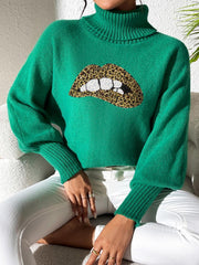 Green turtleneck sweater with sequin lip detail and balloon sleeves