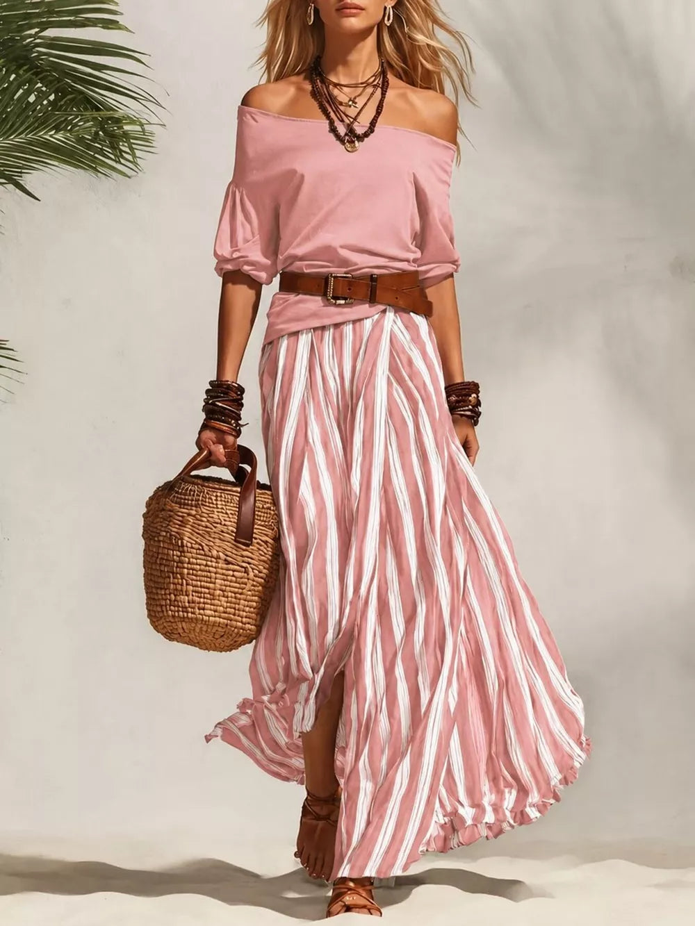Pink off-shoulder top with puffed sleeves and a striped maxi skirt, cinched with a brown belt.