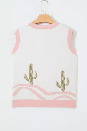 Color Block Cactus Pattern Western Sweater Vest, side view