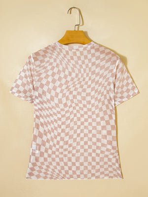 Beige checkered mesh crew neck t-shirt with short sleeves.