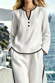 Contrast Trim Long Sleeve Top And Pants Set in Light Blue, side view