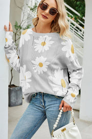 Light Gray Daisy Field Intarsia Knit Sweater with crew neck and long sleeves.