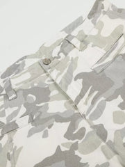 Men's camouflage wide-leg cargo pants with button fly and belt loops.