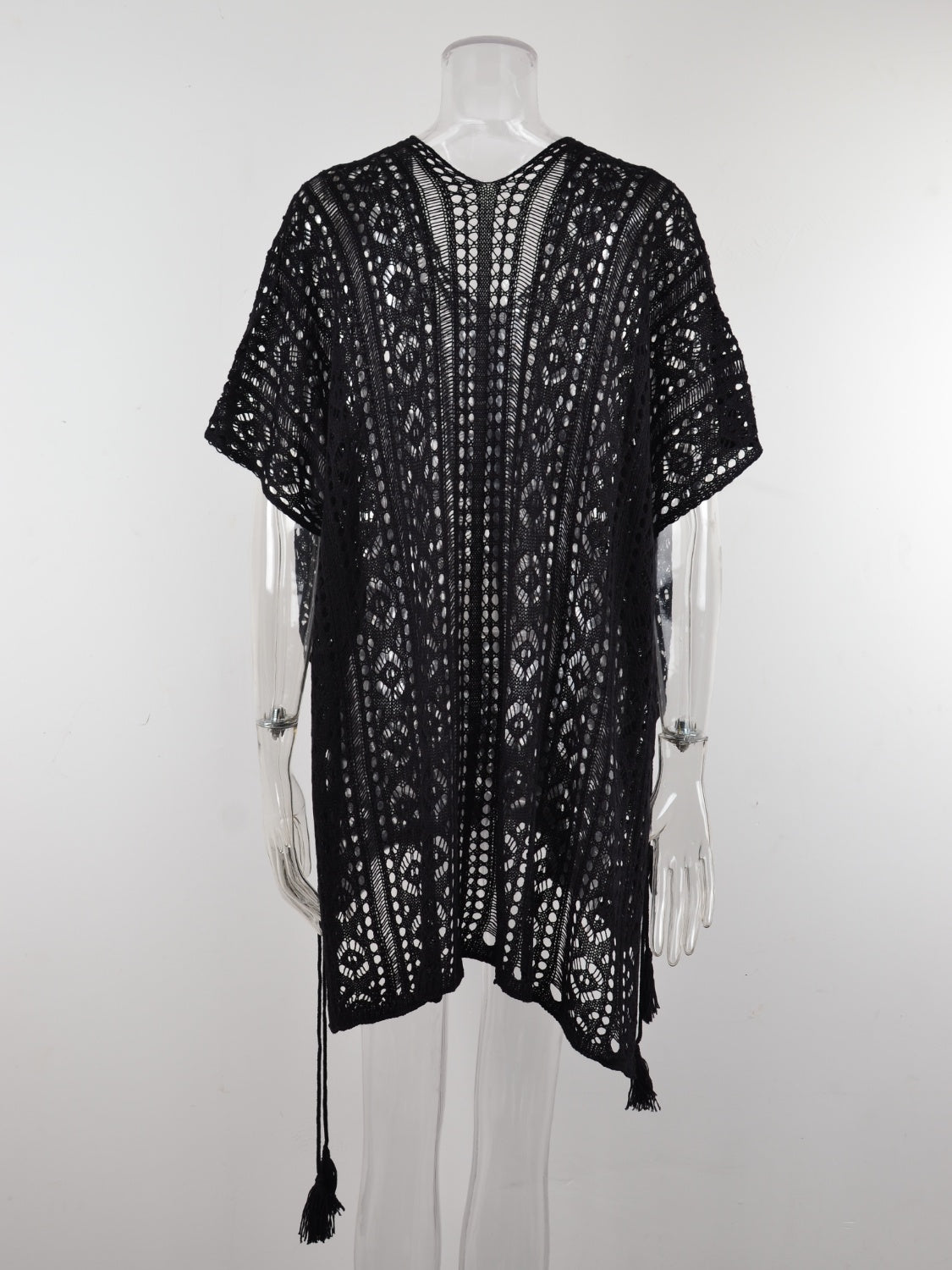 Black open-knit V-neck beach cover-up with short sleeves and tassel details.