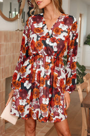 Floral wrap mini dress with puff sleeves in autumn floral print, v-neck, long sleeves.