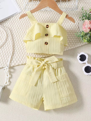 Light yellow ruffled ribbed two-piece toddler set with buttoned top and belted shorts.