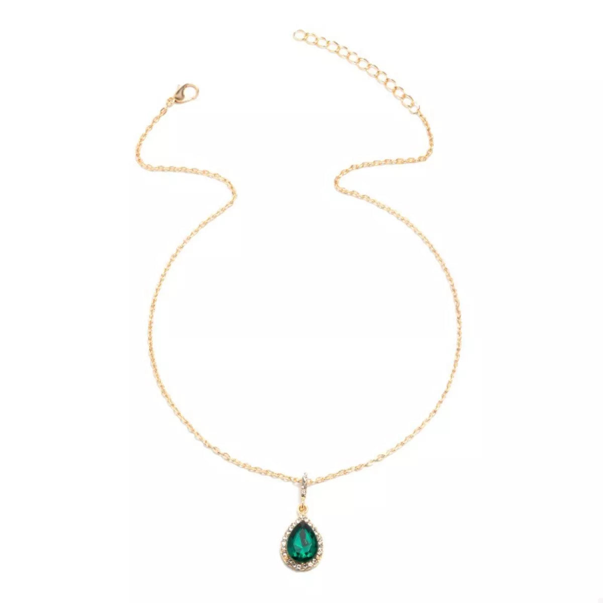 18K gold-plated necklace with dark green teardrop crystal pendant and crystal halo detail.