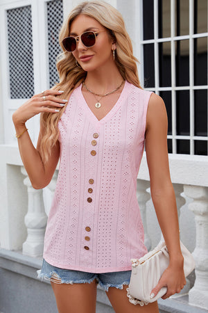 Blush pink perforated button-down sleeveless blouse with V-neck