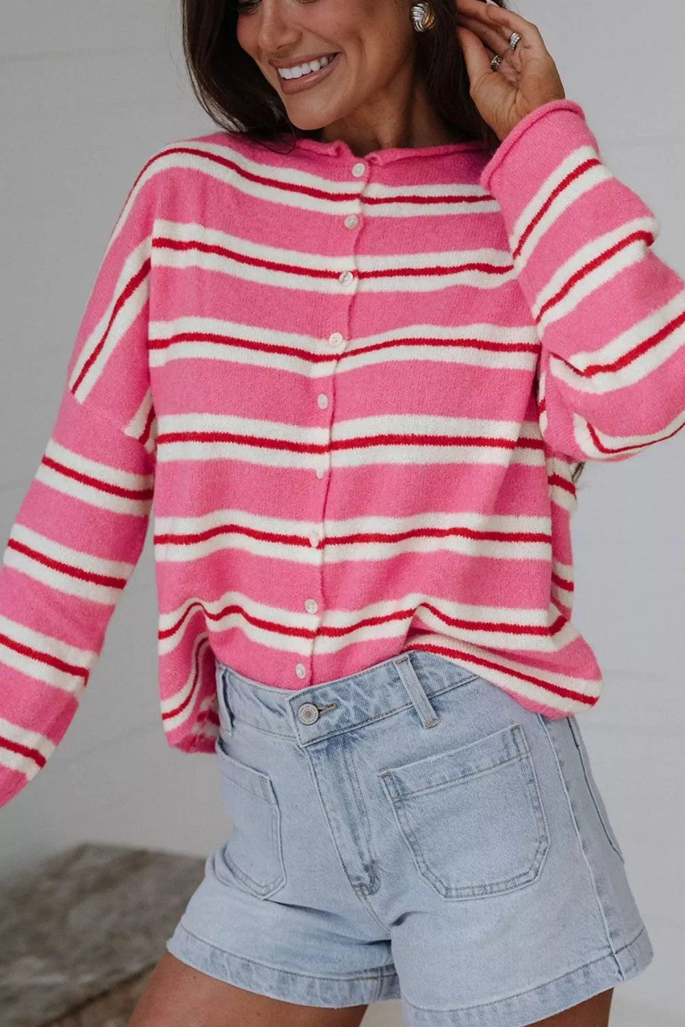 Striped Button-up Cardigan in Pink, close-up detail