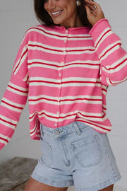 Striped Button-up Cardigan in Pink, close-up detail