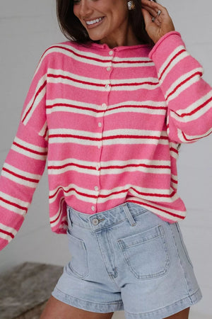 Striped Button-up Cardigan in Pink, close-up detail