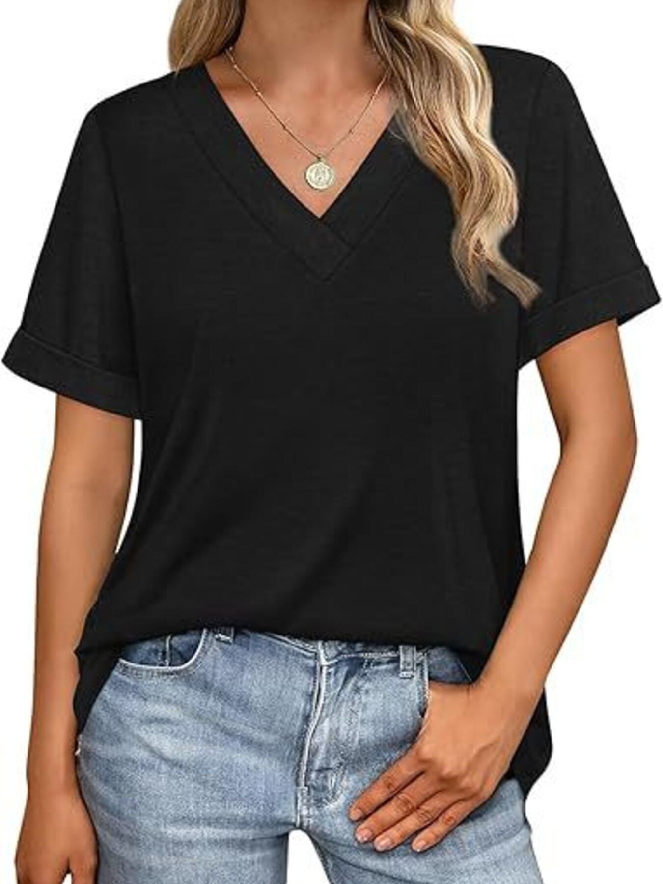 Black v-neck t-shirt with cuffed short sleeves and a relaxed fit.