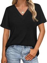 Black v-neck t-shirt with cuffed short sleeves and a relaxed fit.