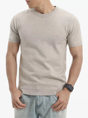 Men's Khaki knit crew neck undershirt with short sleeves and ribbed hem.