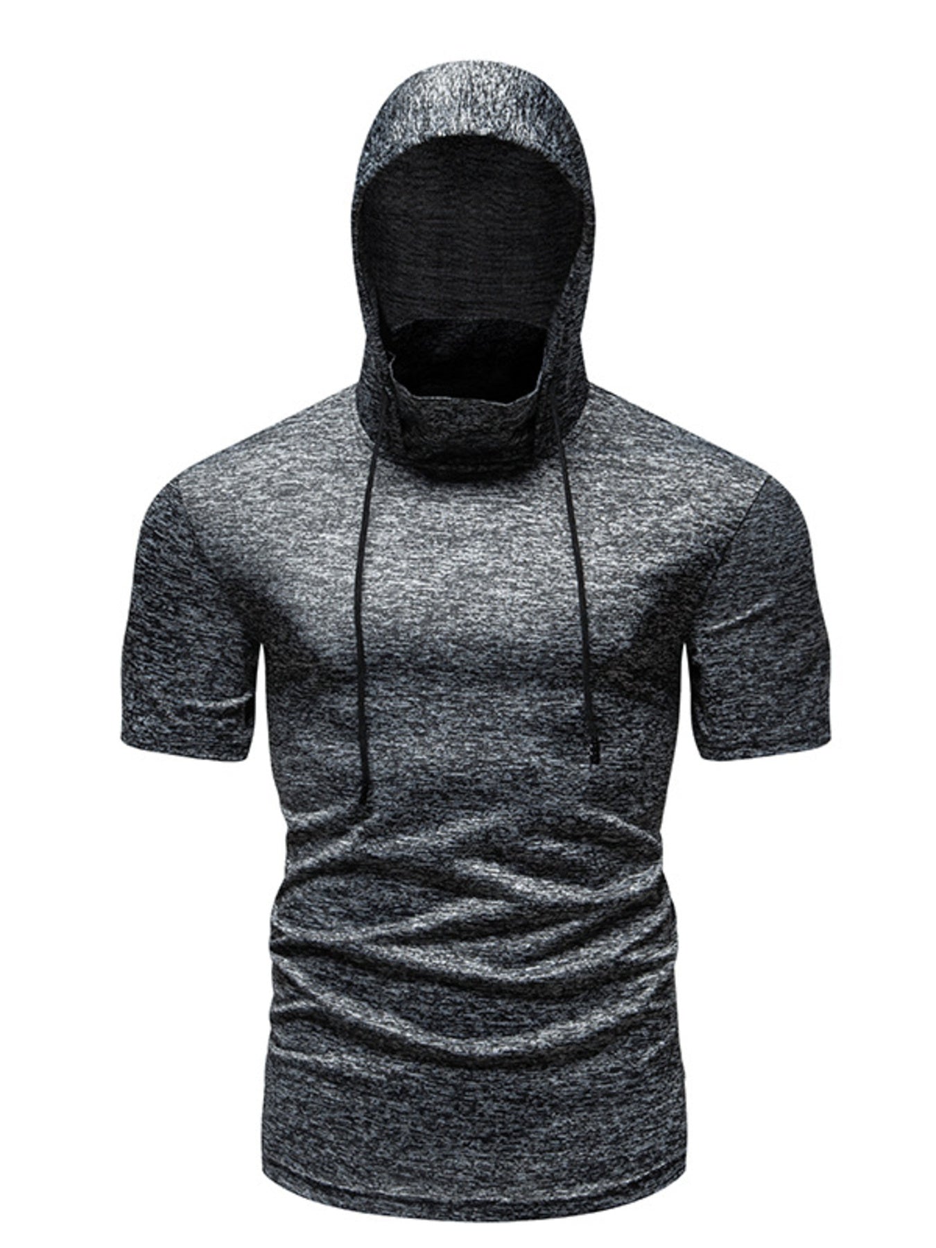 Men's heathered dark gray short sleeve hooded t-shirt with cowl neck and drawstring