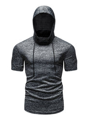 Men's heathered dark gray short sleeve hooded t-shirt with cowl neck and drawstring