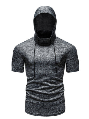 Men's heathered dark gray short sleeve hooded t-shirt with cowl neck and drawstring