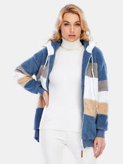Teddy fleece zip-up hoodie jacket with color block pattern in blue, tan, grey, and white.
