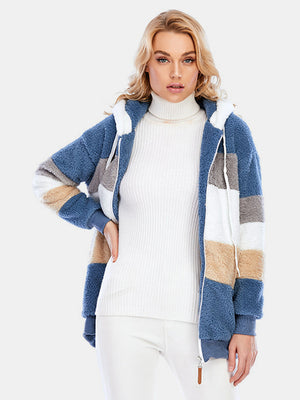 Teddy fleece zip-up hoodie jacket with color block pattern in blue, tan, grey, and white.
