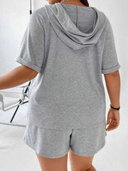 Gray short sleeve hoodie and shorts set with cuffed sleeves.