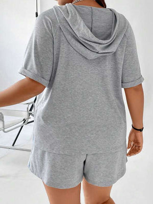 Gray short sleeve hoodie and shorts set with cuffed sleeves.