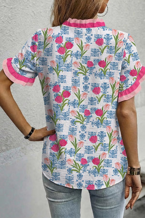 Floral ruffle tunic shirt with pink tulips and blue damask pattern