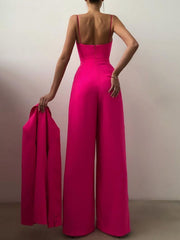 Rose Red ruched spaghetti strap wide-leg jumpsuit with a matching jacket.
