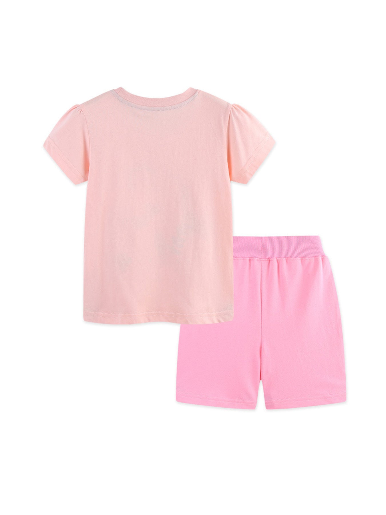 Pink cotton toddler t-shirt with puff sleeves and matching pink shorts with elastic waistband.
