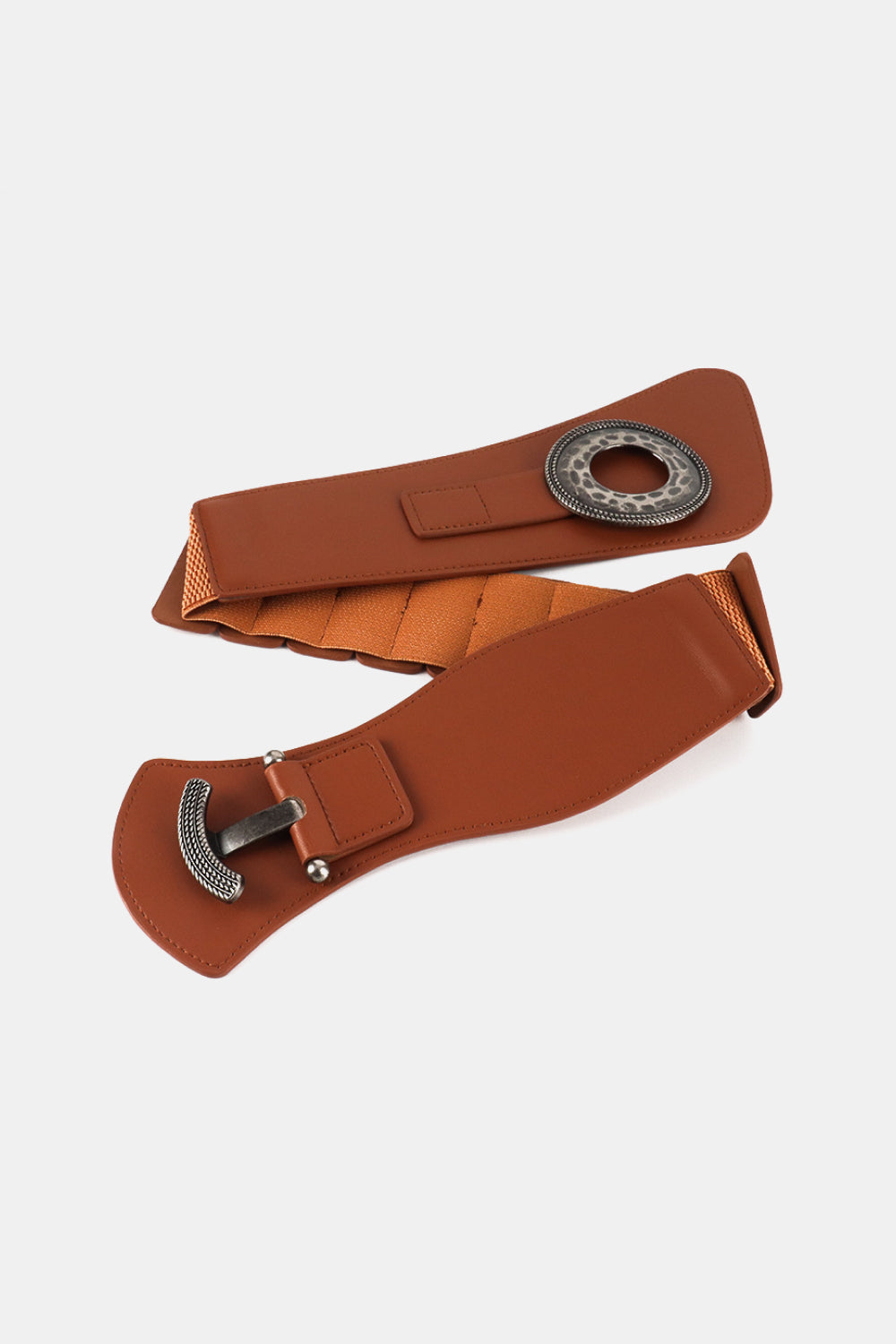 Caramel wide elastic belt with ornate alloy buckle and T-bar closure