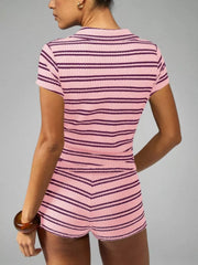 Pink striped knit two-piece set with short sleeves and shorts.