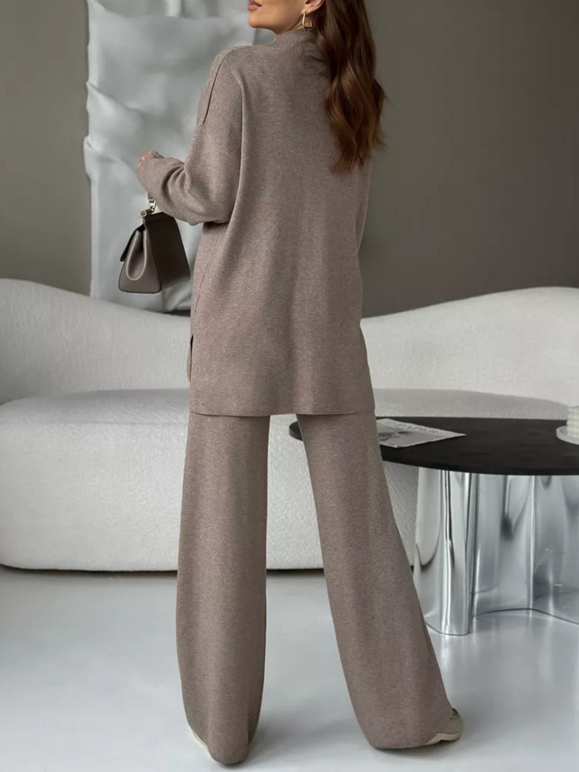 Relaxed fit knit co-ord set in Mocha, featuring a mock neck top and wide-leg pants.