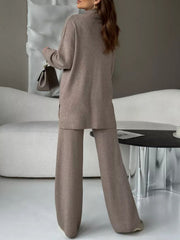 Relaxed fit knit co-ord set in Mocha, featuring a mock neck top and wide-leg pants.