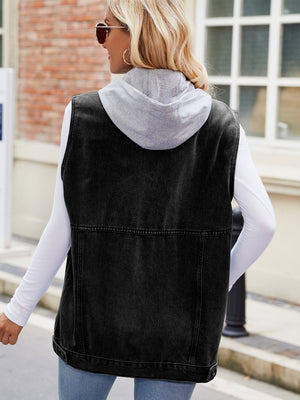 Black denim utility gilet with grey hood and buttoned hem detail.