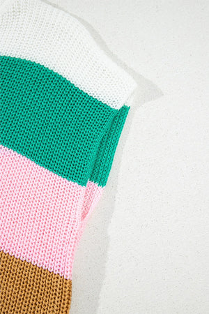 Colorblock knit v-neck tee with white, green, pink, and brown stripes.