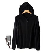 Black cashmere hooded zip-up sweater with long sleeves and a full zipper closure.