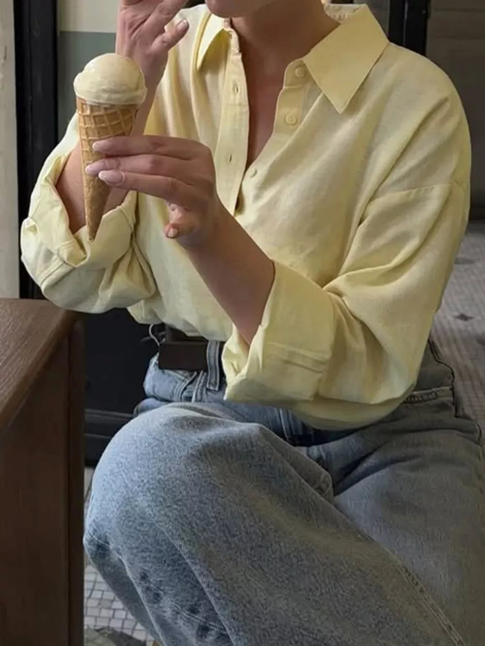 Button Up Long Sleeve Shirt in Yellow, model styling view