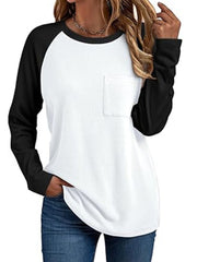 Pocketed round neck long sleeve t-shirt with black sleeves and white body.