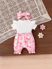 Children's Bow Duck Print Romper With Headband in Pink, fit detail