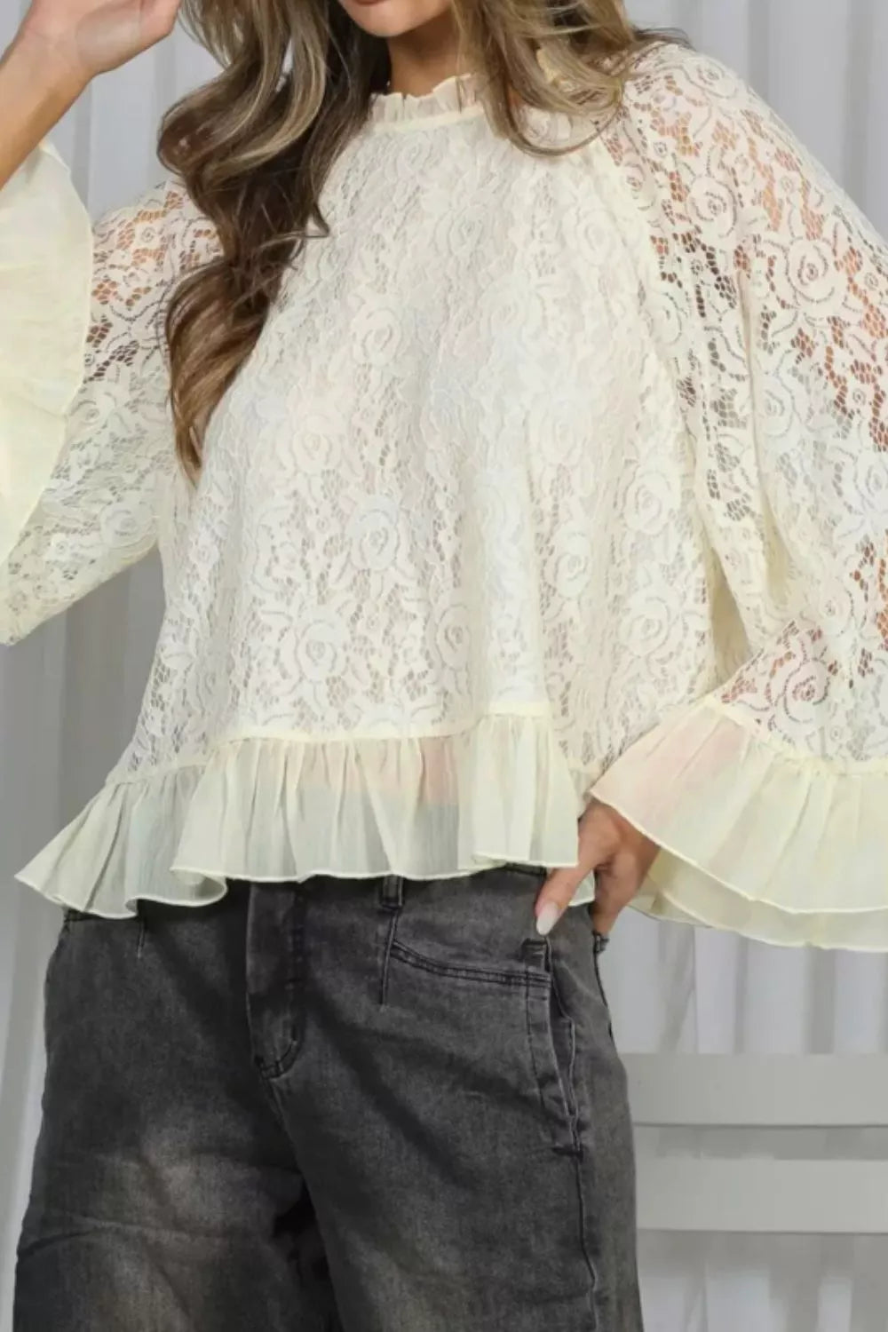 Cream floral lace maternity shirt with bell sleeves and ruffled hem