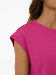 Rose Red round neck cap sleeve loungewear top with clean seams.