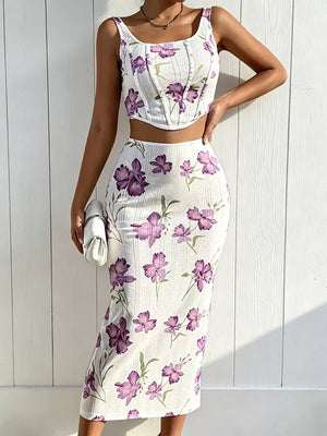 Floral crop top and midi skirt set with corset seams and purple floral print