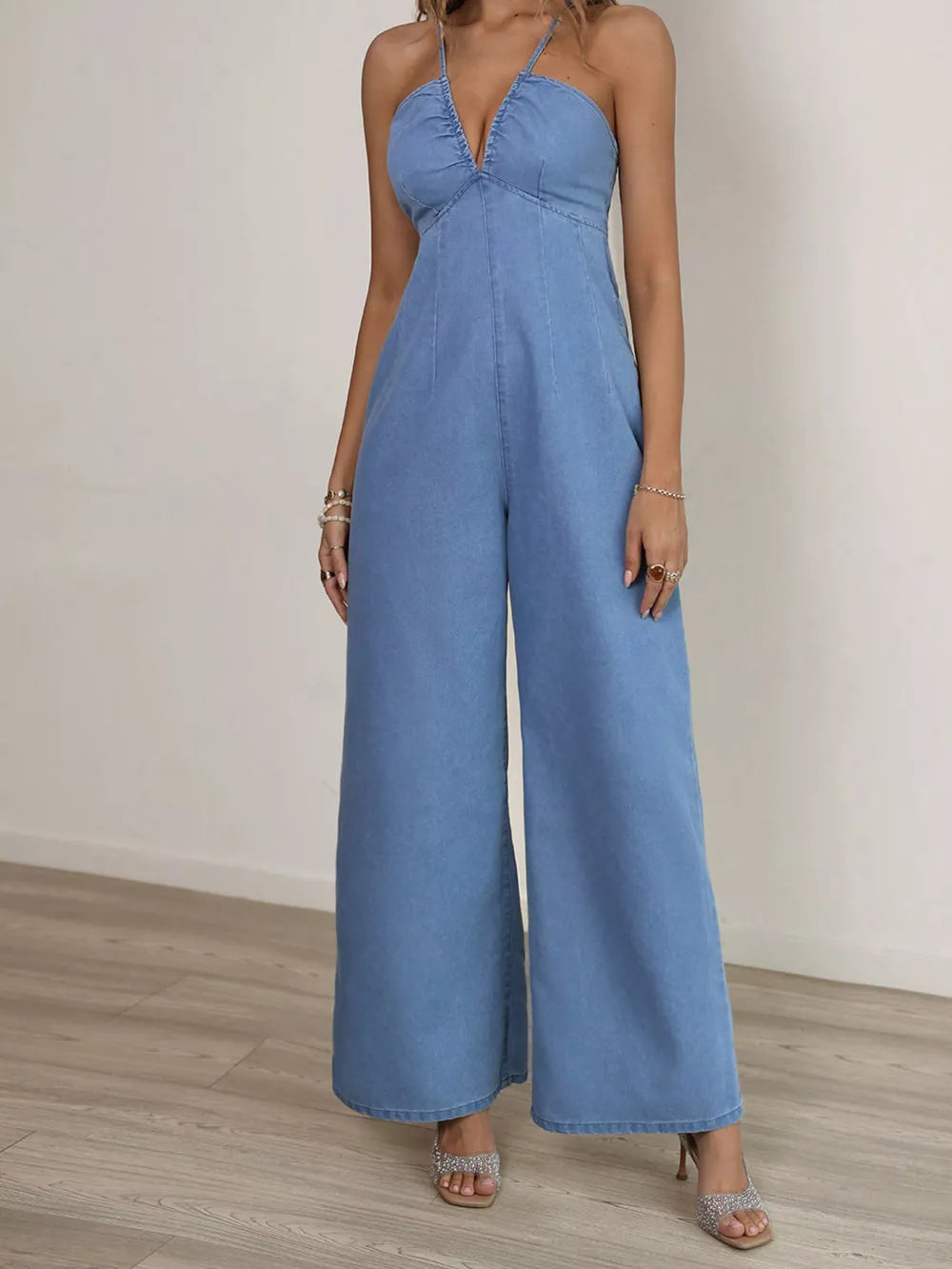 Spaghetti Strap Wide Leg Denim Jumpsuit, back view