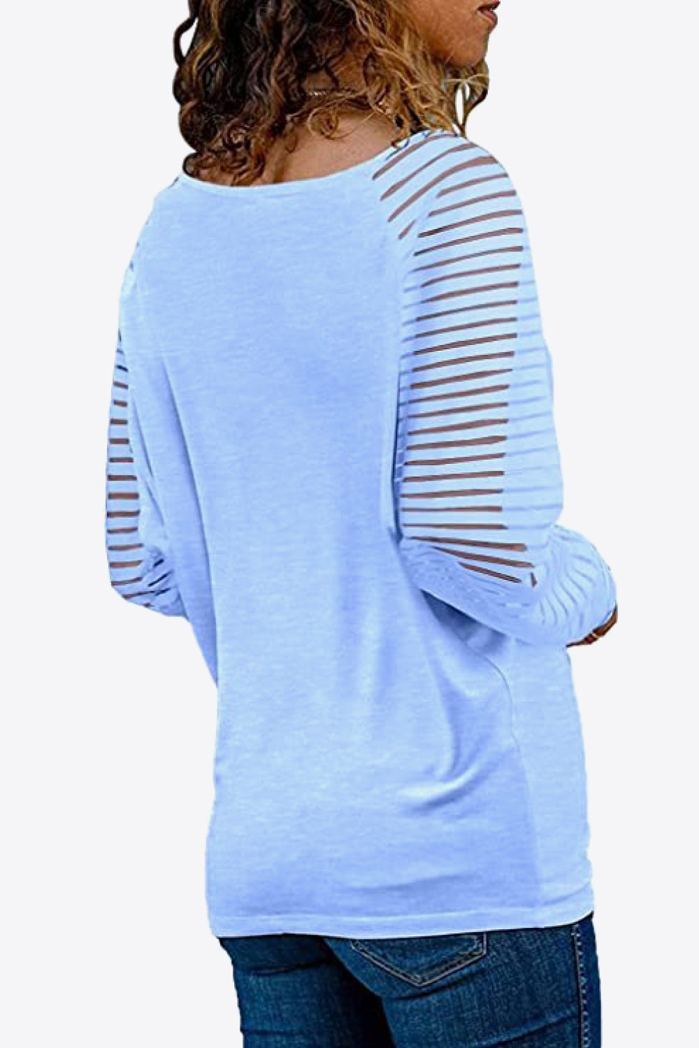 Sky blue raglan v-neck top with sheer striped sleeves