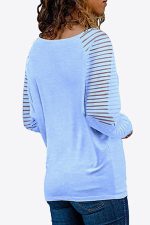 Sky blue raglan v-neck top with sheer striped sleeves