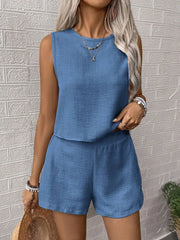 Blue textured linen tank top and shorts set with crew neck and elastic waist shorts